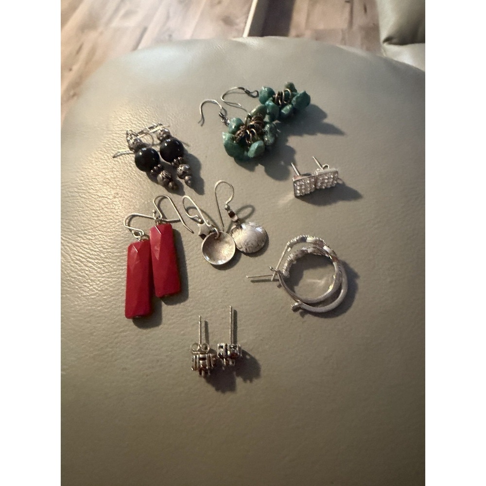 Lot Of 7  Sterling Silver Earrings Lot  Not Scrap Turquoise Dangle 27 Gr #620
